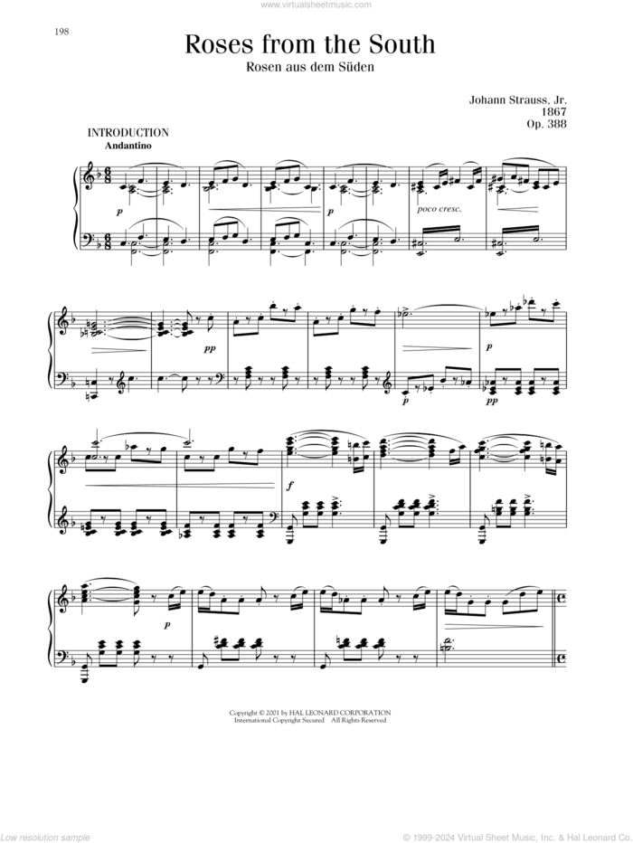 Roses From The South, Op. 388 sheet music for piano solo by Johann Strauss, classical score, intermediate skill level