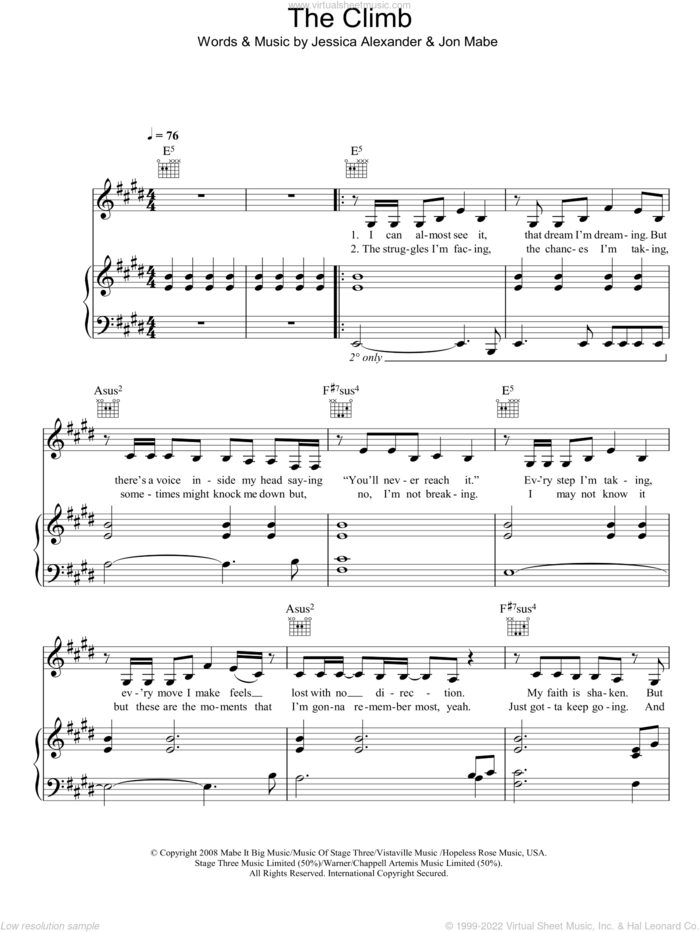 The Climb (from Hannah Montana: The Movie) sheet music for voice, piano or guitar by Miley Cyrus, Jessica Alexander and Jon Mabe, intermediate skill level