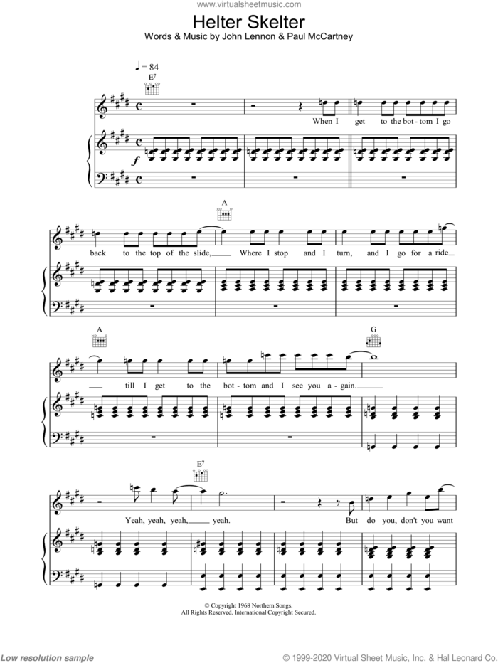 Helter Skelter sheet music for voice, piano or guitar by The Beatles, Motley Crue and U2, intermediate skill level