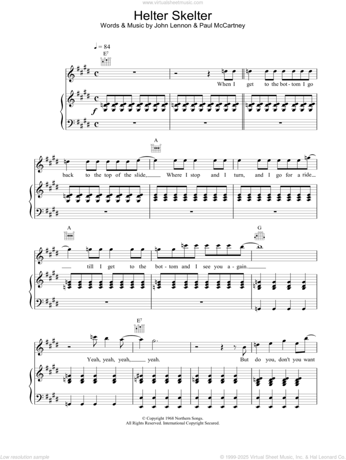 Helter Skelter sheet music for voice, piano or guitar by The Beatles, Motley Crue and U2, intermediate skill level