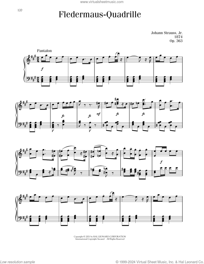 Fledermaus-Quadrille, Op. 363 sheet music for piano solo by Johann Strauss, classical score, intermediate skill level
