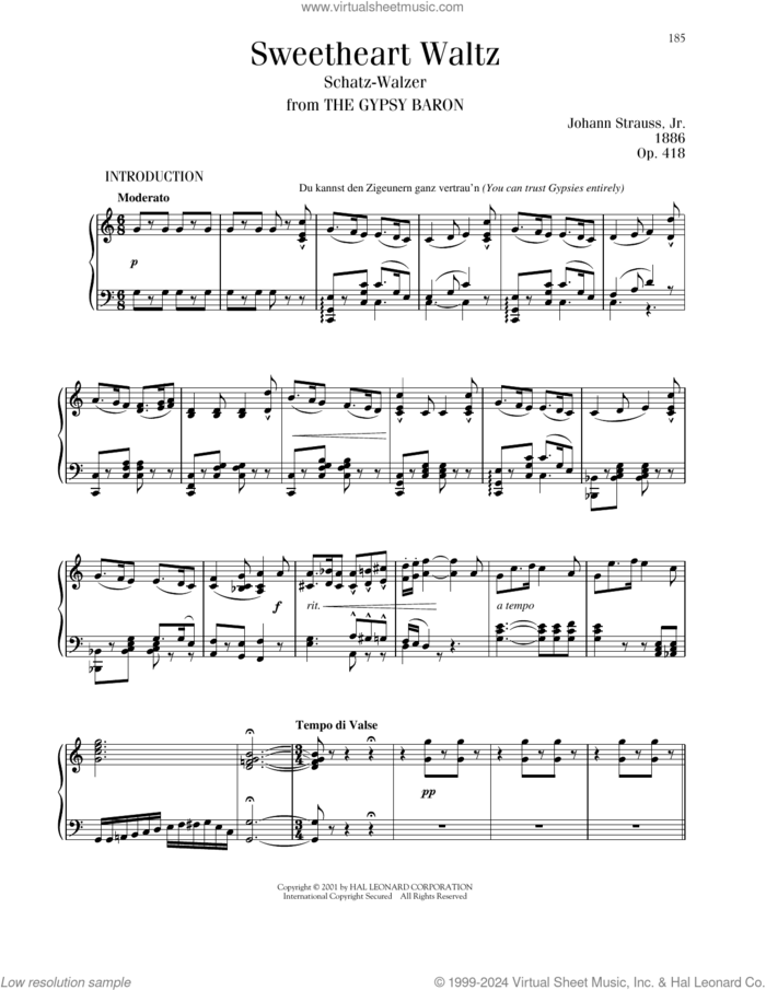 Sweetheart Waltz, Op. 418 sheet music for piano solo by Johann Strauss, classical score, intermediate skill level