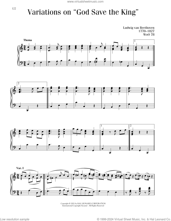 7 Variations On God Save The King, WoO 78 sheet music for piano solo by Ludwig van Beethoven, classical score, intermediate skill level