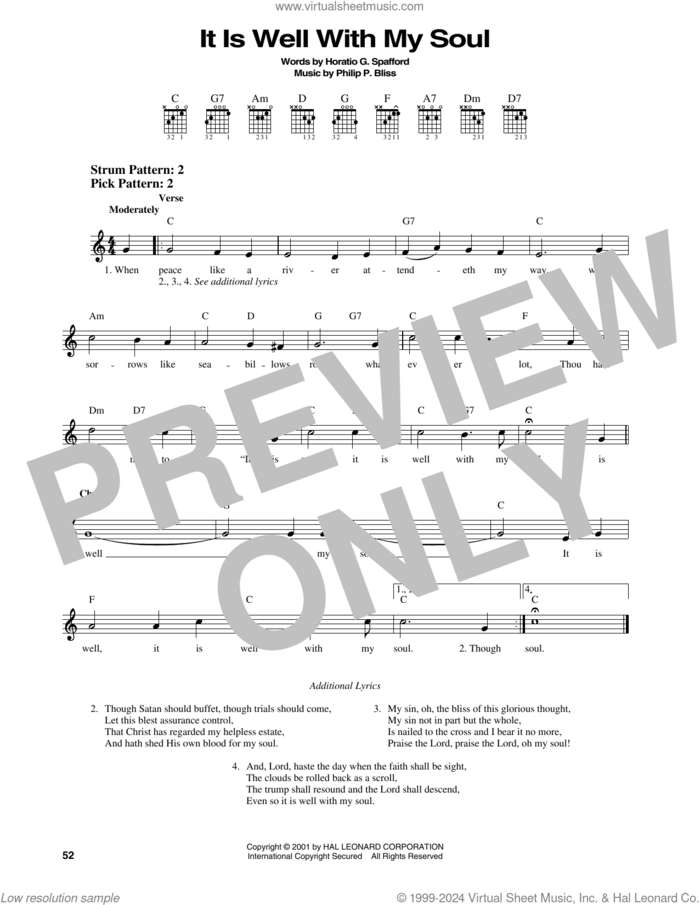 It Is Well With My Soul sheet music for guitar solo (chords) by Philip P. Bliss and Horatio G. Spafford, easy guitar (chords)