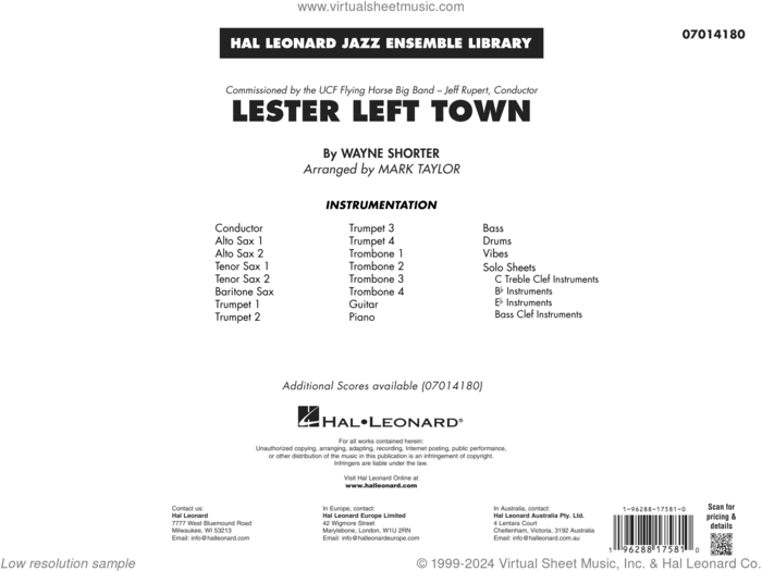 Lester Left Town (arr. Mark Taylor) (COMPLETE) sheet music for jazz band by Wayne Shorter and Mark Taylor, intermediate skill level
