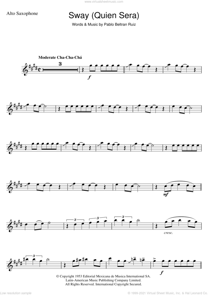 Sway (Quien Sera) sheet music for alto saxophone solo by Pablo Beltran Ruiz, intermediate skill level
