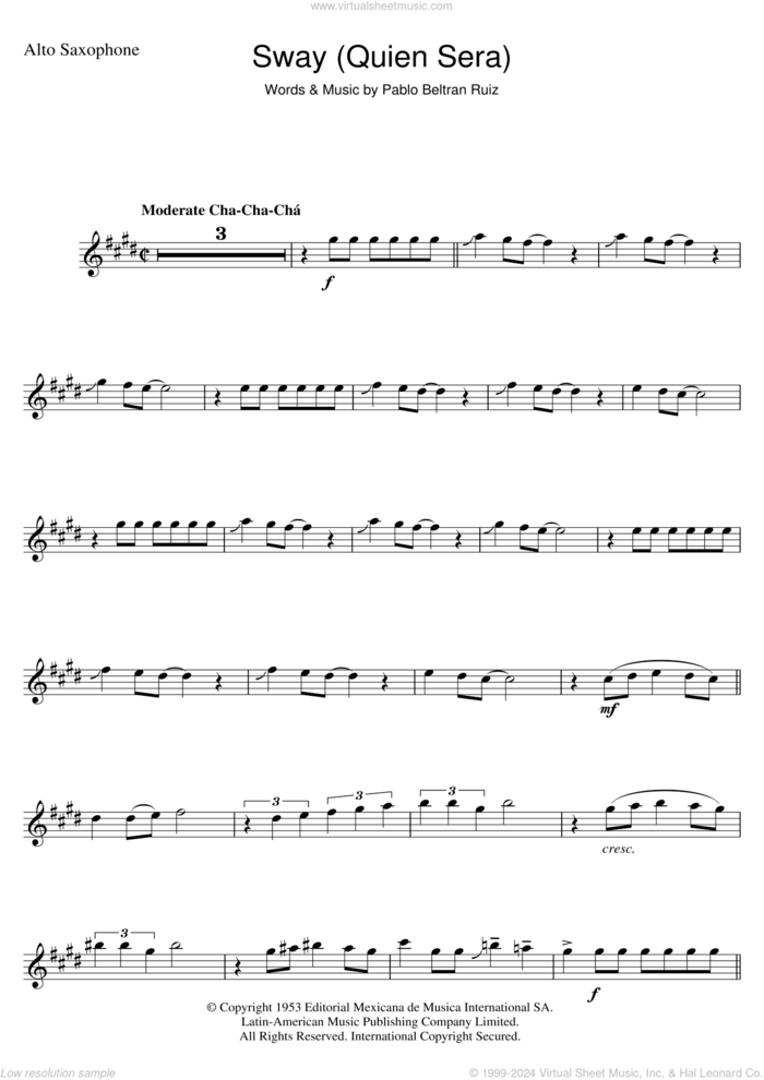 Sway (Quien Sera) sheet music for alto saxophone solo by Pablo Beltran Ruiz, intermediate skill level