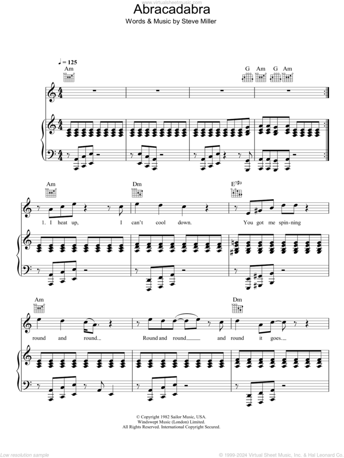 Abracadabra sheet music for voice, piano or guitar by Steve Miller Band and Steve Miller, intermediate skill level