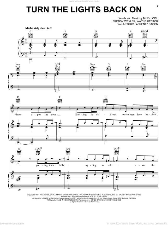Turn The Lights Back On sheet music for voice, piano or guitar by Billy Joel, Arthur Lafrentz Bacon, Freddy Wexler and Wayne Hector, intermediate skill level