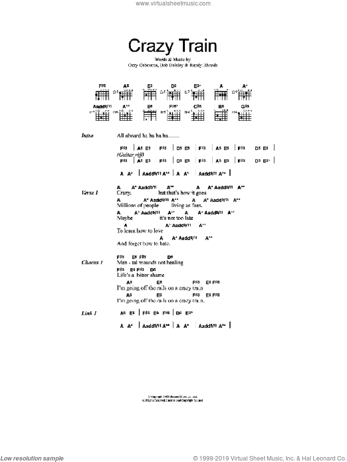 Crazy Train sheet music for guitar (chords) by Ozzy Osbourne, Bob Daisley and Randy Rhoads, intermediate skill level