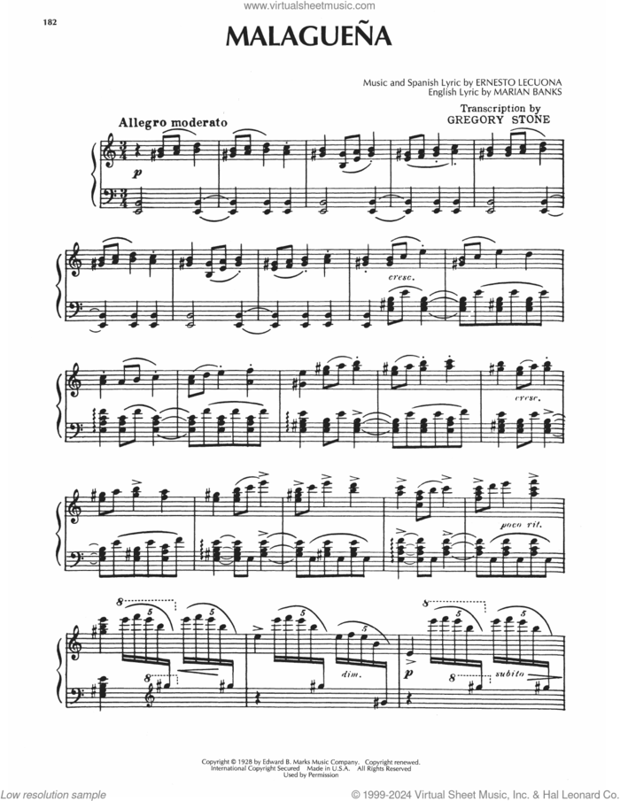 Malaguena sheet music for piano solo by Ernesto Lecuona and Marian Banks, intermediate skill level