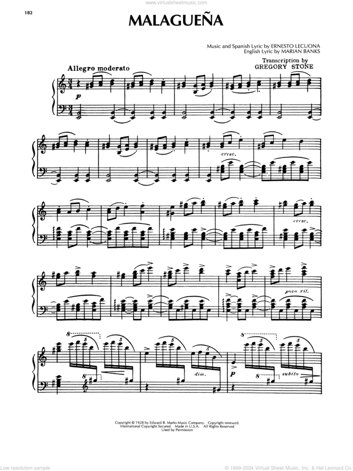 Malaguena sheet music for piano solo by Ernesto Lecuona and Marian Banks, intermediate skill level