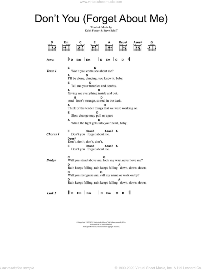 Don't You (Forget About Me) sheet music for guitar (chords) by Simple Minds, Keith Forsey and Steve Schiff, intermediate skill level