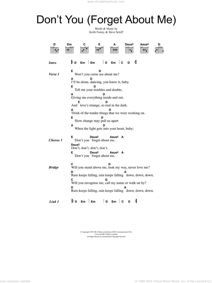 Don't You (Forget About Me) sheet music for guitar (chords) by Simple Minds, Keith Forsey and Steve Schiff, intermediate skill level