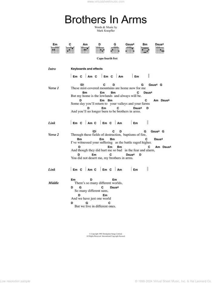 Brothers In Arms sheet music for guitar (chords) by Dire Straits and Mark Knopfler, intermediate skill level