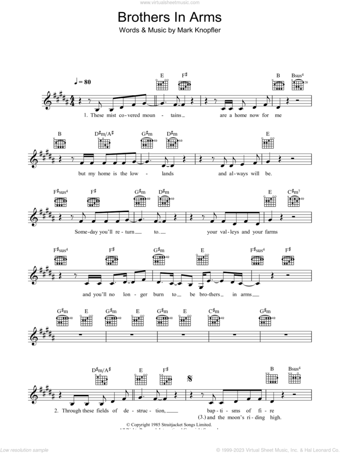 Brothers In Arms sheet music for voice and other instruments (fake book) by Dire Straits and Mark Knopfler, intermediate skill level