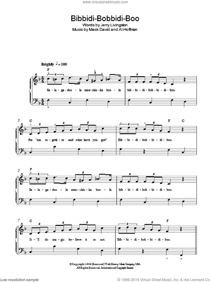 Bibbidi-Bobbidi-Boo (The Magic Song) (from Cinderella) sheet music for piano solo by Verna Felton, Al Hoffman, Jerry Livingston and Mack David, easy skill level