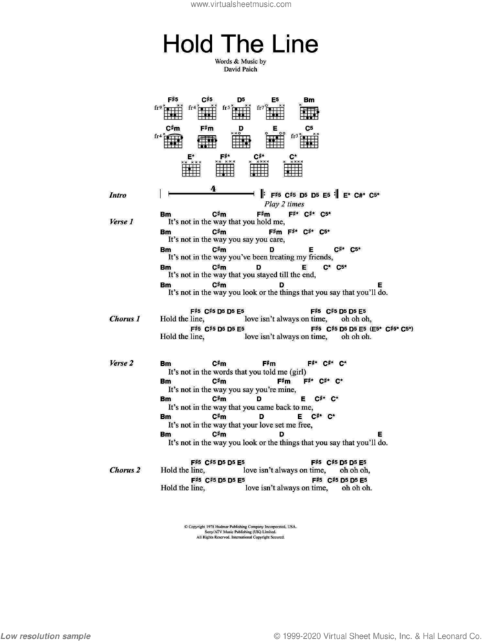 Hold The Line sheet music for guitar (chords) by Toto and David Paich, intermediate skill level