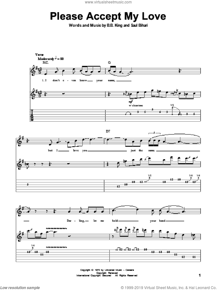 Please Accept My Love sheet music for guitar (tablature, play-along) by B.B. King and Saul Bihari, intermediate skill level