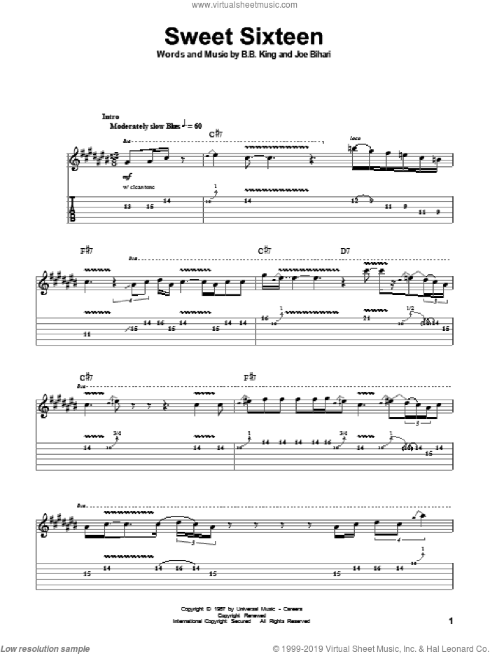 Sweet Sixteen sheet music for guitar (tablature, play-along) by B.B. King and Joe Bihari, intermediate skill level