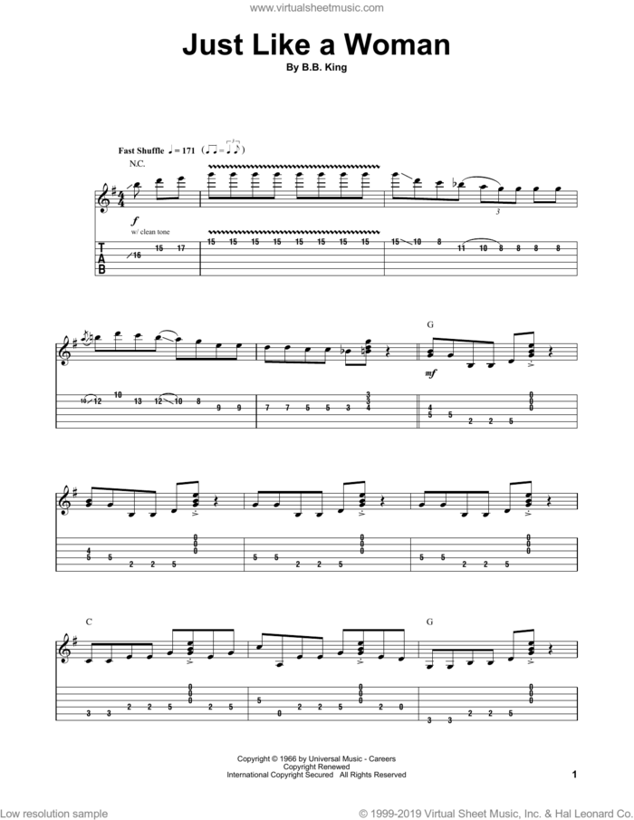 Just Like A Woman sheet music for guitar (tablature, play-along) by B.B. King, intermediate skill level