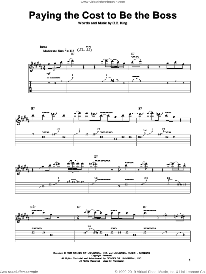 Paying The Cost To Be The Boss sheet music for guitar (tablature, play-along) by B.B. King, intermediate skill level