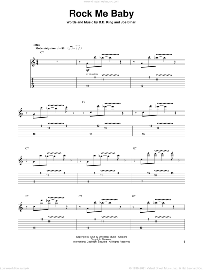Rock Me Baby sheet music for guitar (tablature, play-along) by B.B. King, Johnny Winter and Joe Bihari, intermediate skill level