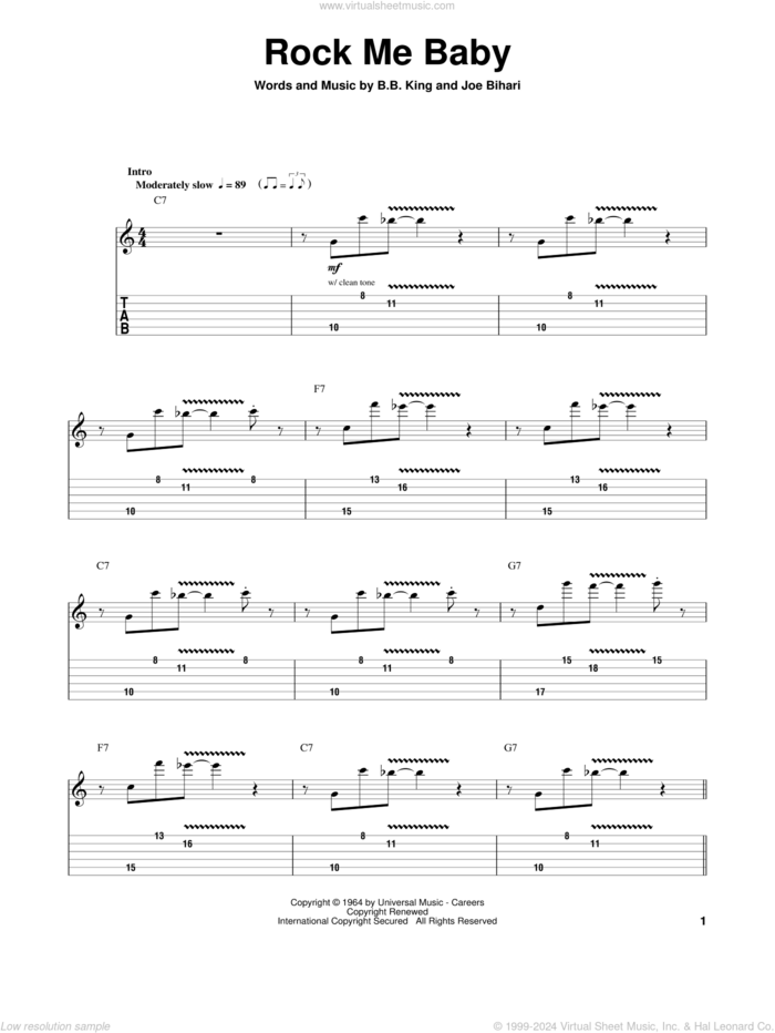 Rock Me Baby sheet music for guitar (tablature, play-along) by B.B. King, Johnny Winter and Joe Bihari, intermediate skill level