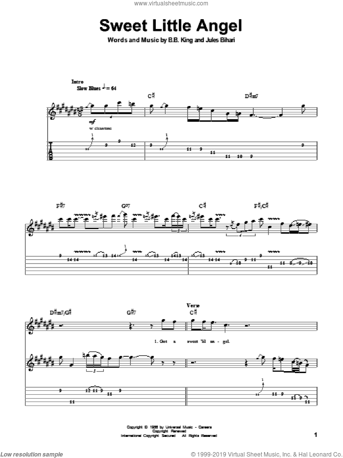 Sweet Little Angel sheet music for guitar (tablature, play-along) by B.B. King and Jules Bihari, intermediate skill level