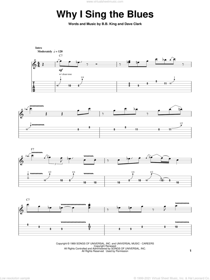 Why I Sing The Blues sheet music for guitar (tablature, play-along) by B.B. King and Dave Clark, intermediate skill level