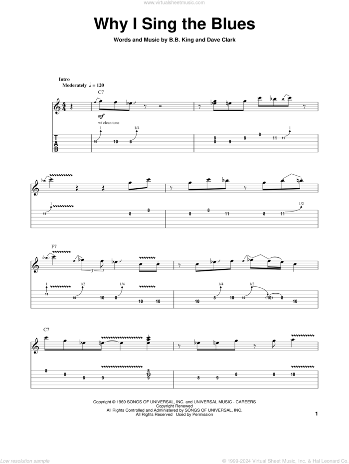 Why I Sing The Blues sheet music for guitar (tablature, play-along) by B.B. King and Dave Clark, intermediate skill level