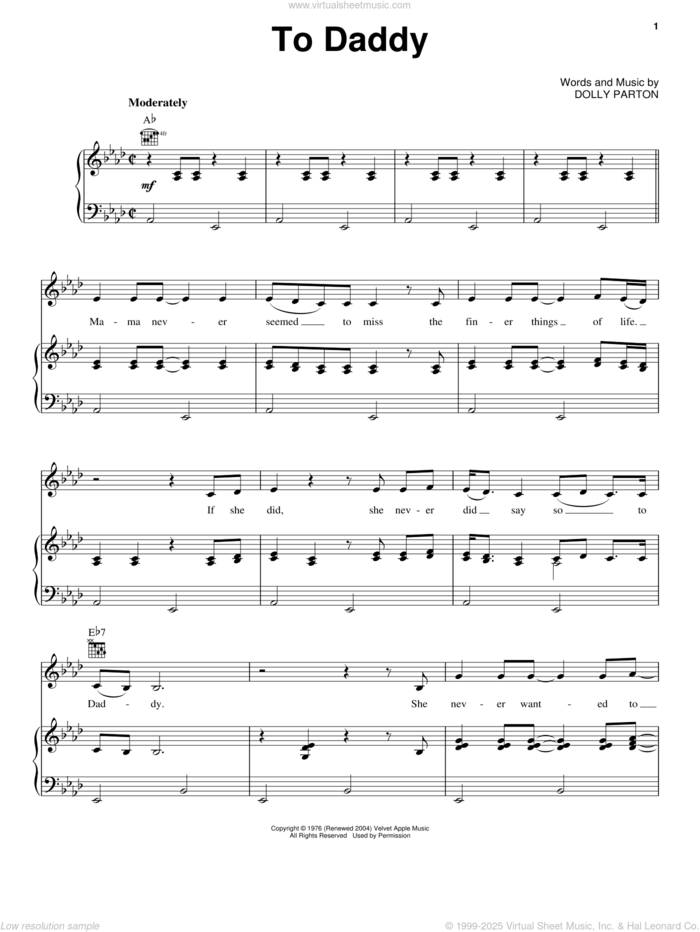 To Daddy sheet music for voice, piano or guitar by Emmylou Harris and Dolly Parton, intermediate skill level