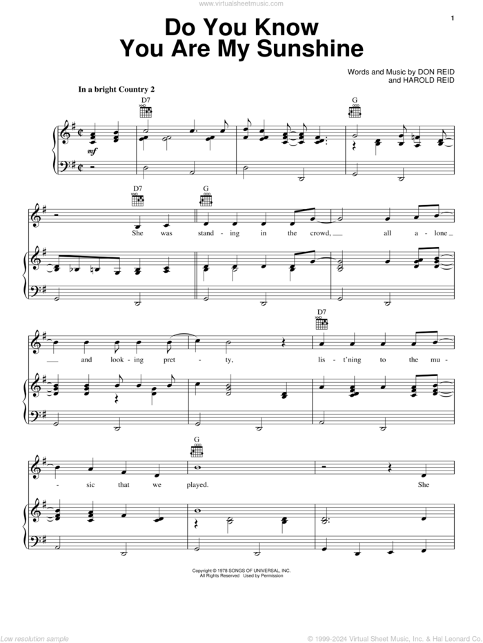Do You Know You Are My Sunshine sheet music for voice, piano or guitar by The Statler Brothers, Don Reid and Harold Reid, intermediate skill level
