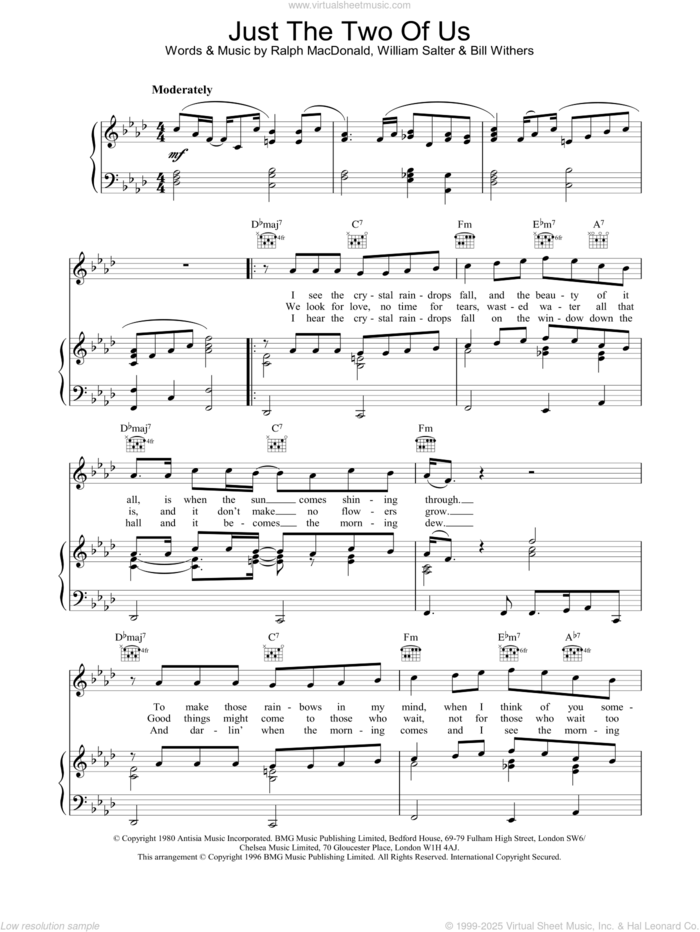 Just The Two Of Us sheet music for voice, piano or guitar by Grover Washington Jr., Grover Washington Jr. feat. Bill Withers and Bill Withers, wedding score, intermediate skill level