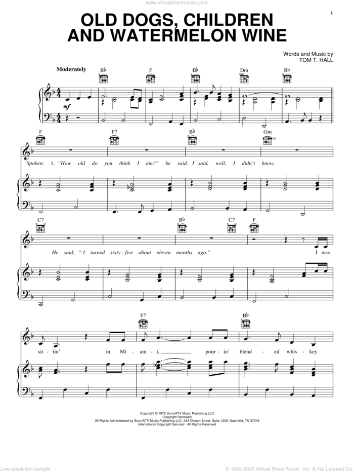 Old Dogs, Children And Watermelon Wine sheet music for voice, piano or guitar by Tom T. Hall, intermediate skill level