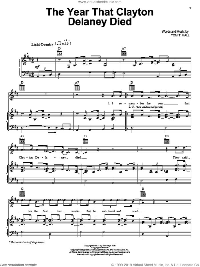The Year That Clayton Delaney Died sheet music for voice, piano or guitar by Tom T. Hall, intermediate skill level
