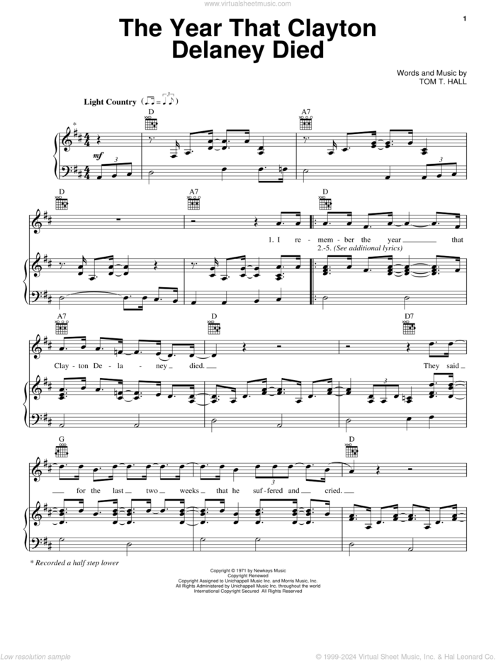 The Year That Clayton Delaney Died sheet music for voice, piano or guitar by Tom T. Hall, intermediate skill level