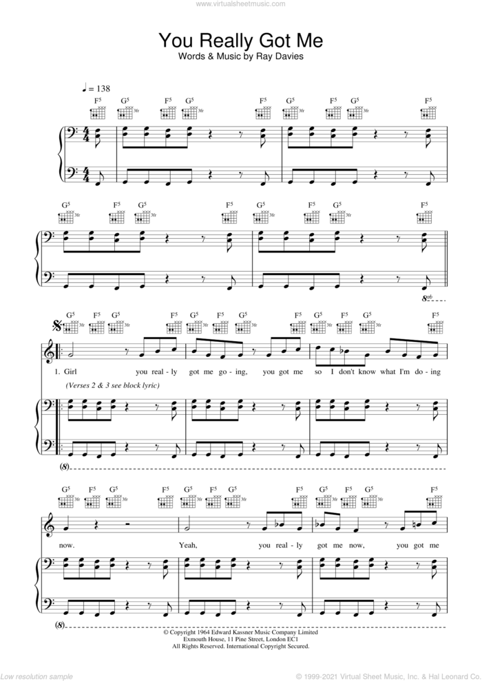 You Really Got Me sheet music for voice, piano or guitar by The Kinks and Ray Davies, intermediate skill level