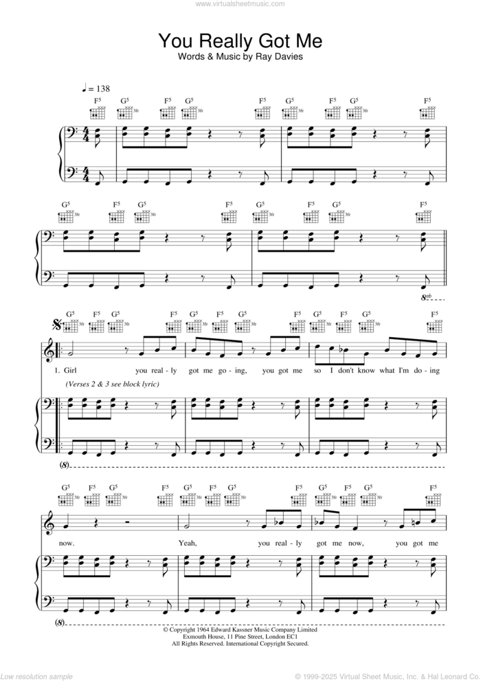 You Really Got Me sheet music for voice, piano or guitar by The Kinks and Ray Davies, intermediate skill level