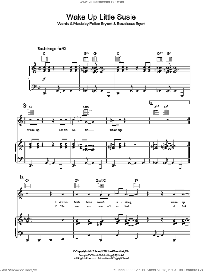 Wake Up Little Susie sheet music for voice, piano or guitar by Everly Brothers, Boudleaux Bryant and Felice Bryant, intermediate skill level