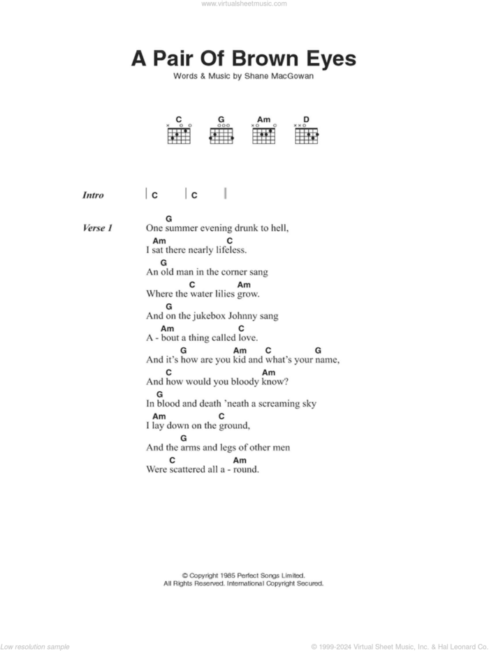 A Pair Of Brown Eyes sheet music for guitar (chords) by The Pogues and Shane MacGowan, intermediate skill level