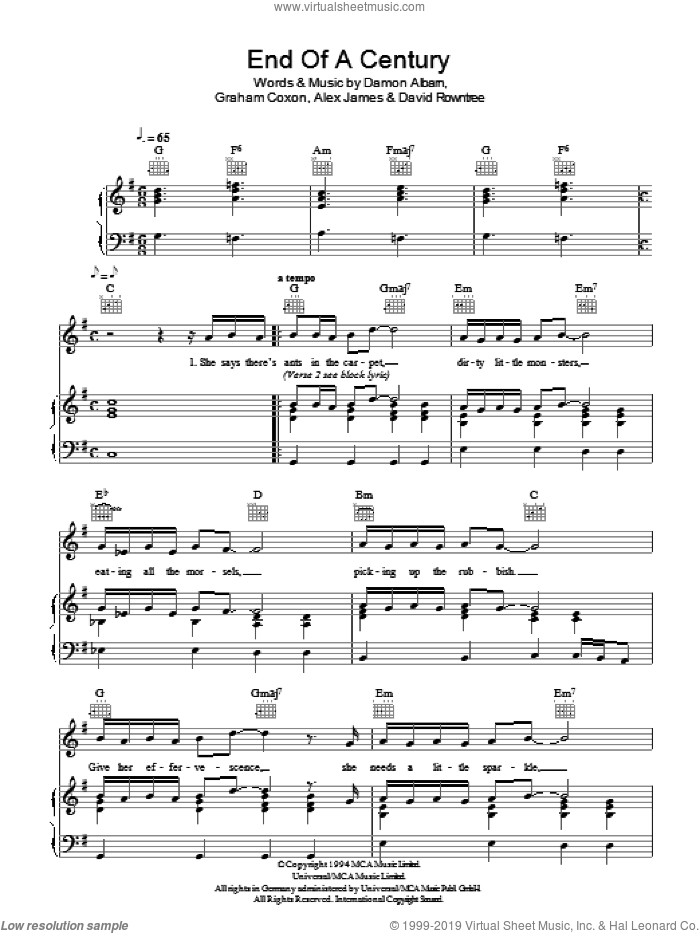 End Of A Century sheet music for voice, piano or guitar by Blur, Alex James, Damon Albarn, David Rowntree and Graham Coxon, intermediate skill level