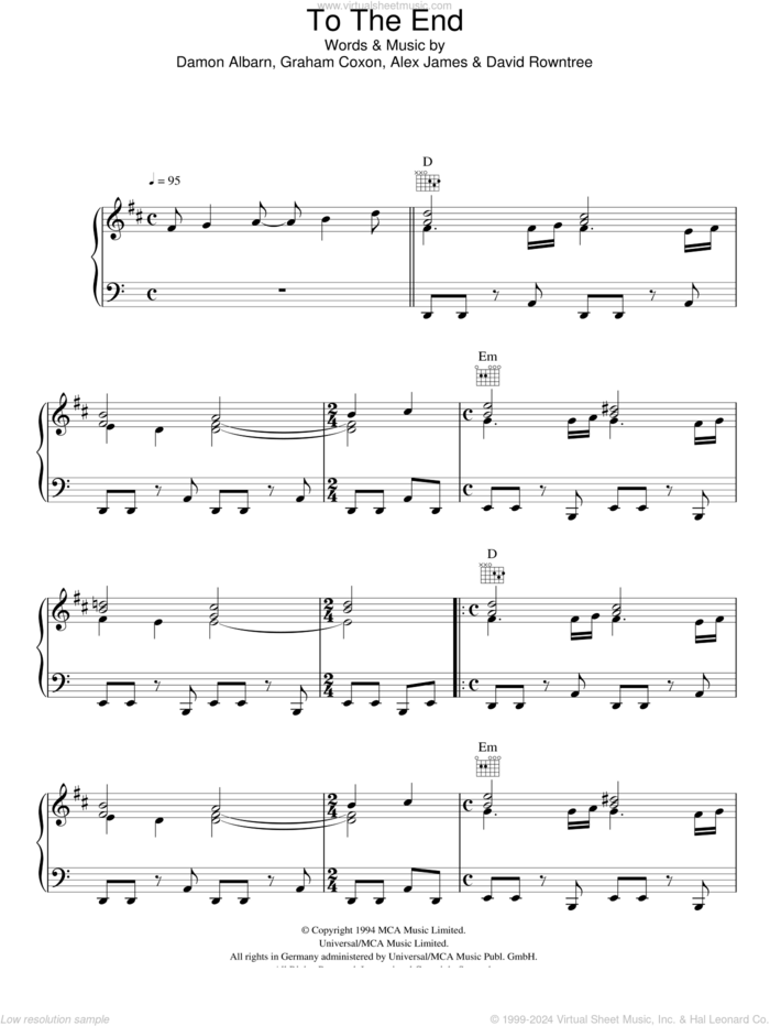 To The End sheet music for voice, piano or guitar by Blur, Alex James, Damon Albarn, David Rowntree and Graham Coxon, intermediate skill level