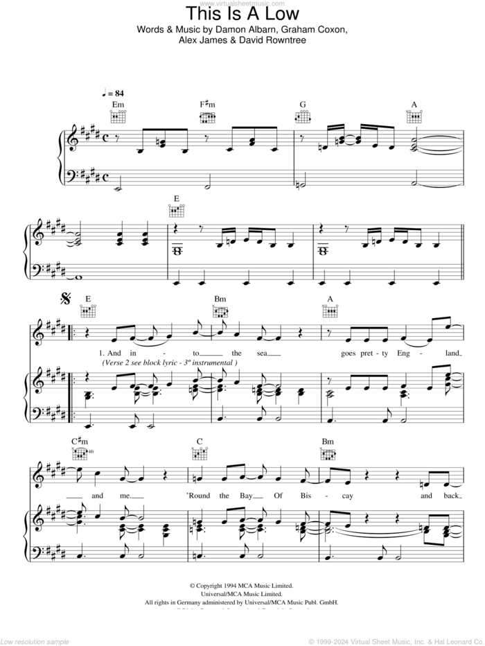 This Is A Low sheet music for voice, piano or guitar by Blur, Alex James, Damon Albarn, David Rowntree and Graham Coxon, intermediate skill level