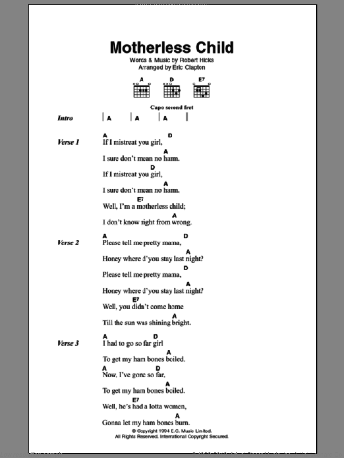 Motherless Child sheet music for guitar (chords) by Eric Clapton and Robert Hicks, intermediate skill level