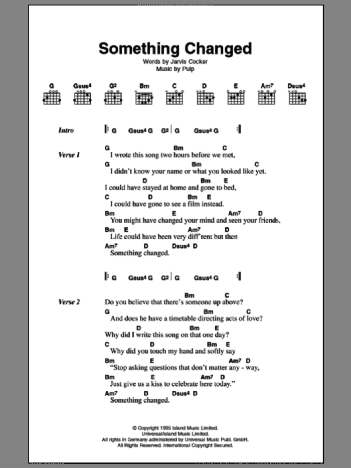 Something Changed sheet music for guitar (chords) by Pulp and Jarvis Cocker, intermediate skill level