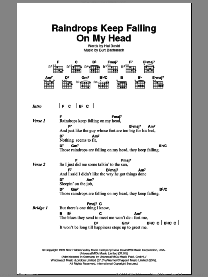 Raindrops Keep Fallin' On My Head sheet music for guitar (chords) by Bacharach & David, Burt Bacharach and Hal David, intermediate skill level