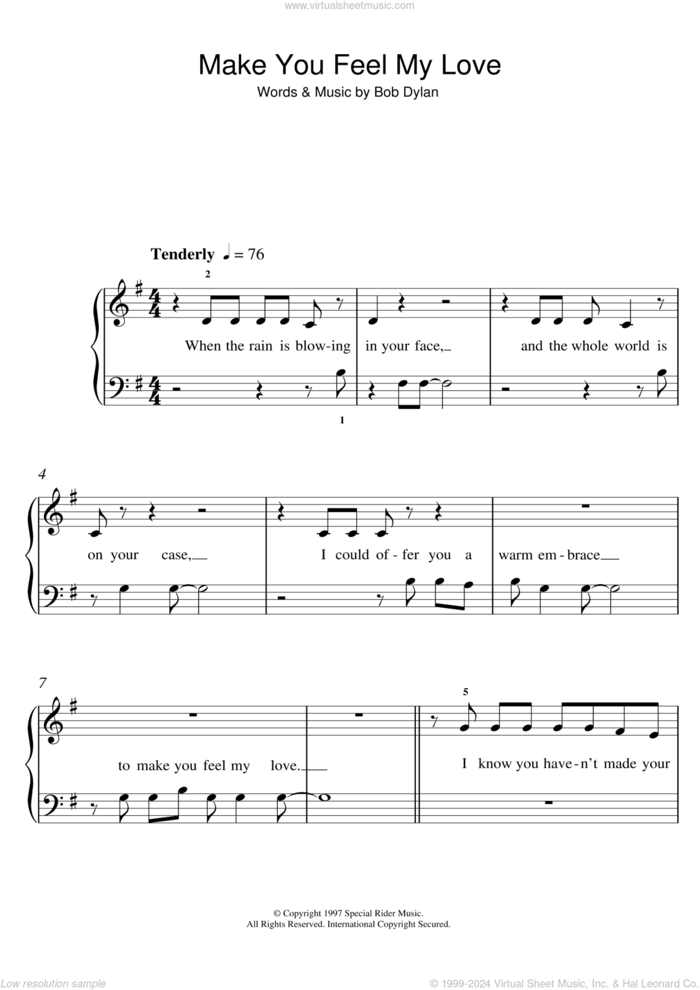 Make You Feel My Love sheet music for piano solo (5-fingers) by Adele and Bob Dylan, beginner piano (5-fingers)