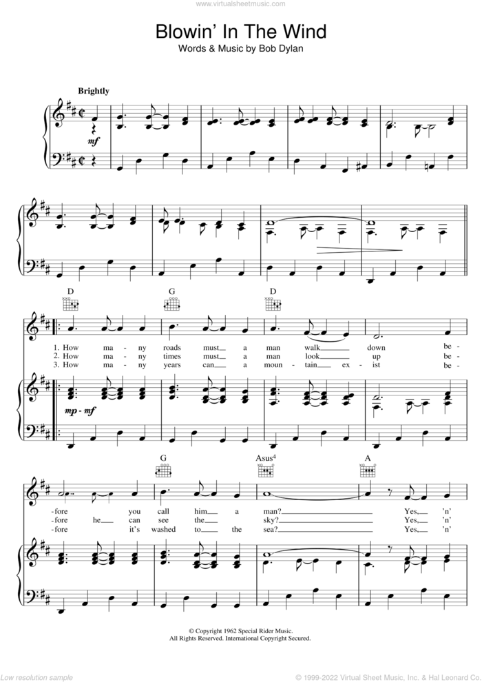 Blowin' In The Wind sheet music for voice, piano or guitar by Bob Dylan and Peter, Paul & Mary, intermediate skill level