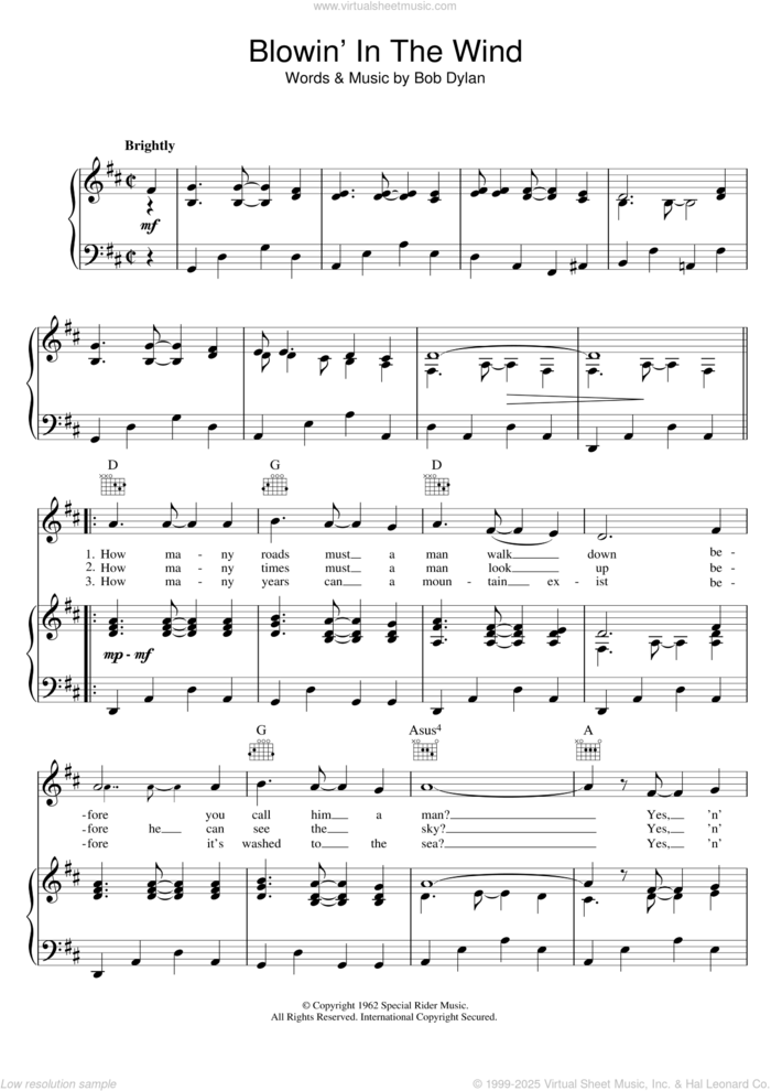 Blowin' In The Wind sheet music for voice, piano or guitar by Bob Dylan and Peter, Paul & Mary, intermediate skill level